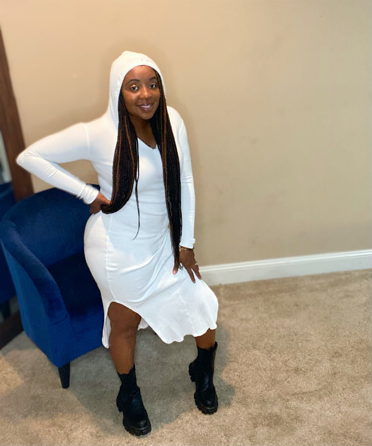 Ribbed Hoodie Dress White